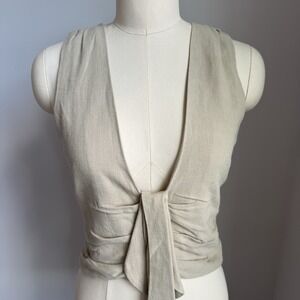 Fashion Nova Tie Front Linen Blend Top M Stone Beige Coastal Quiet Luxury NWT